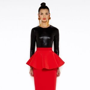 🌹 AQ/AQ Kirby Red Peplum Structured Constructed Midi Knee Length Pencil Skirt